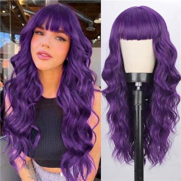Other - Purple Wavy Wig With Bangs for Women